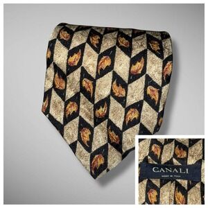 Canali Neck Tie Black Gold Bronze Leaf‎ Autumn Fall 55x3.5 Silk Italy